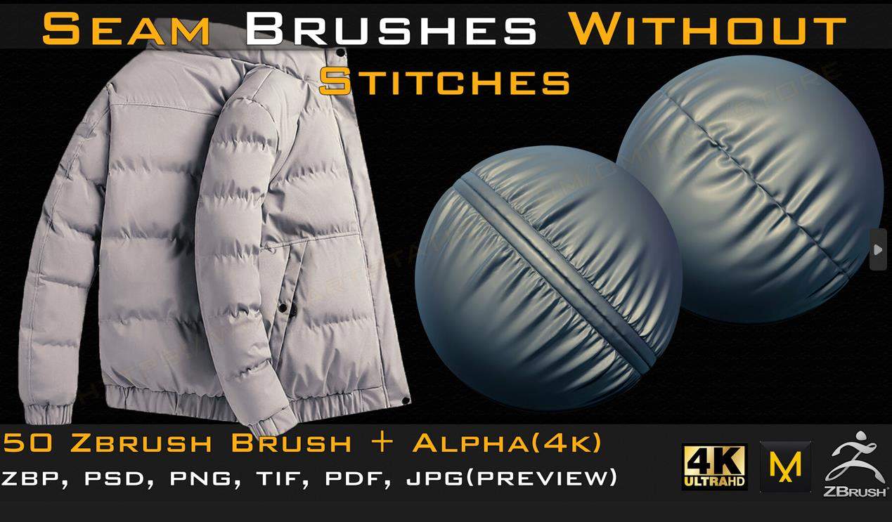 ZBrush02羽绒服衣服服饰缝线雕刻模型笔刷ZBP&PSD