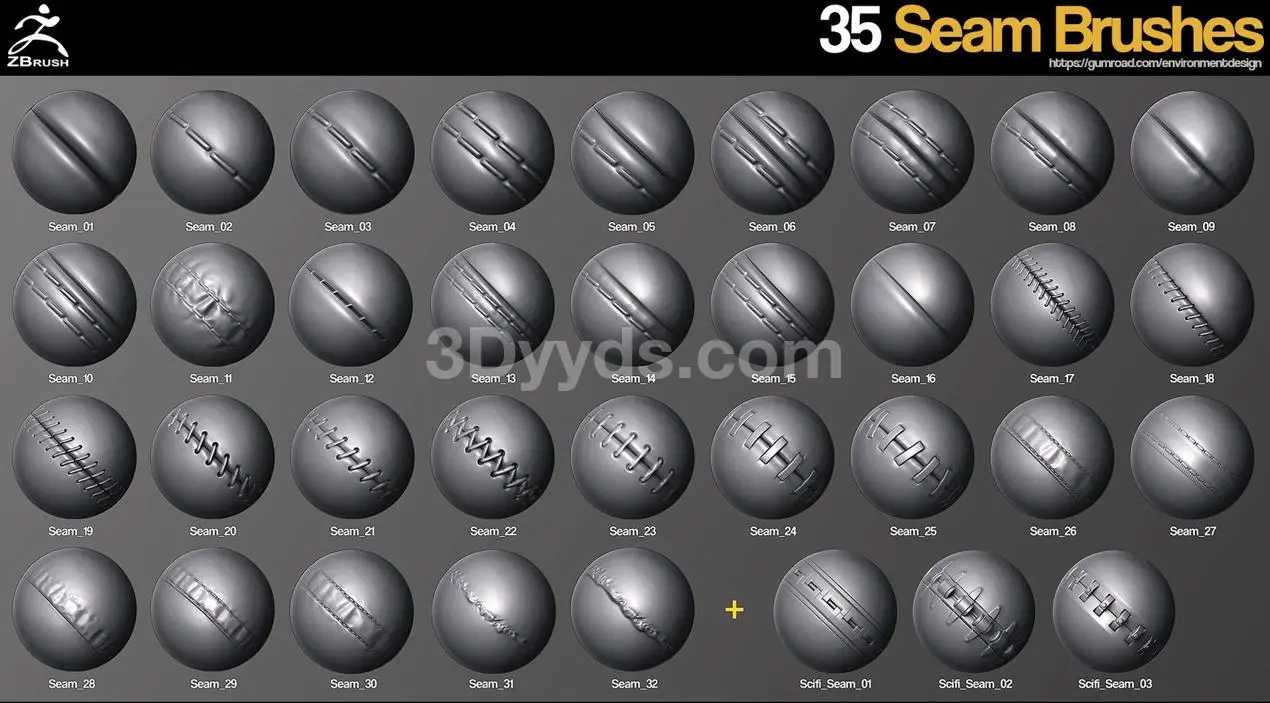 35种缝合/接缝Alpha与ZBrush笔刷套装,高模细节雕刻 - 3Dyyds