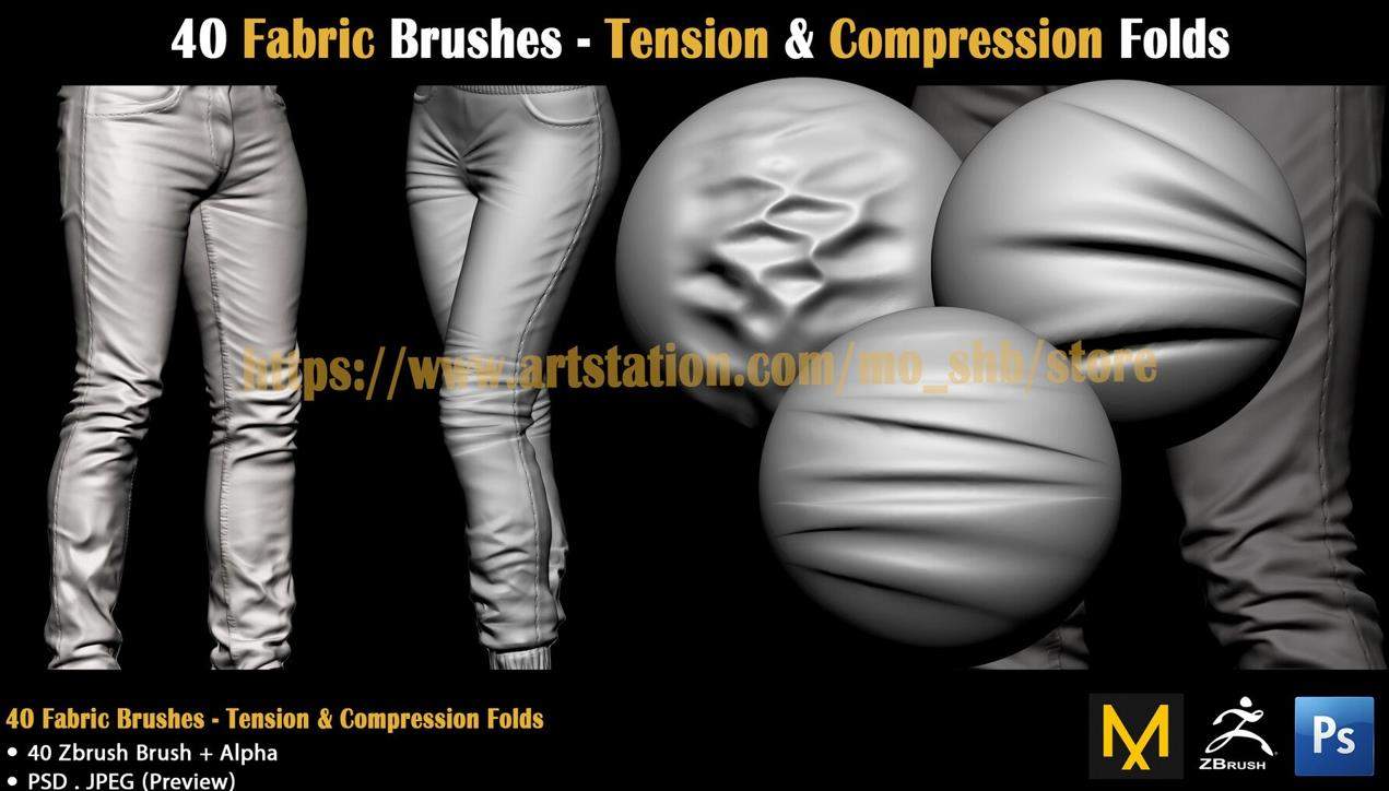 zbrush衣物裤子关节弯曲褶皱笔刷含演示视频