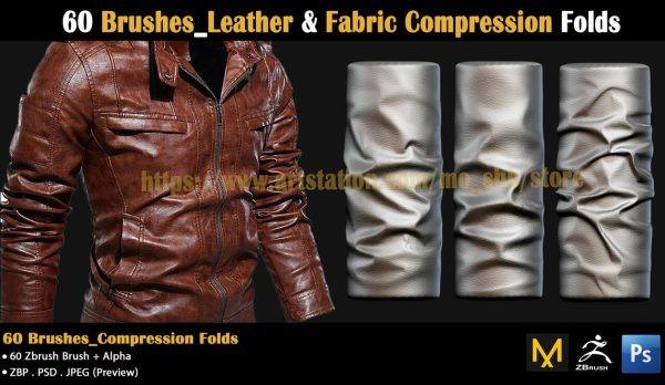 zbrush包含60种皮衣皮革织物褶皱雕刻笔刷&布料皮纹皱纹