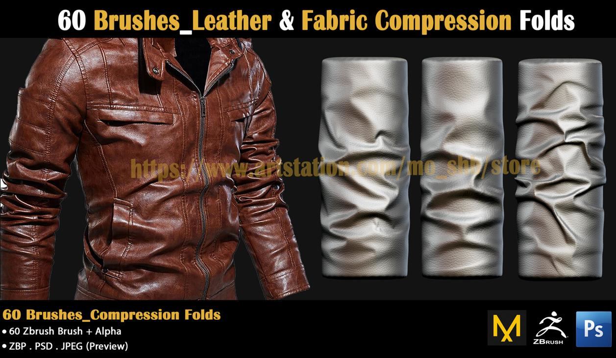 zbrush包含60种皮衣皮革织物褶皱雕刻笔刷&布料皮纹皱纹