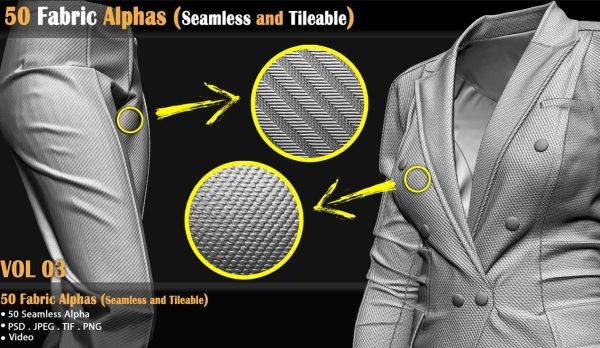 zbrush包含50种布料织物细节贴图&西装粗布料纹理Alpha深度贴图