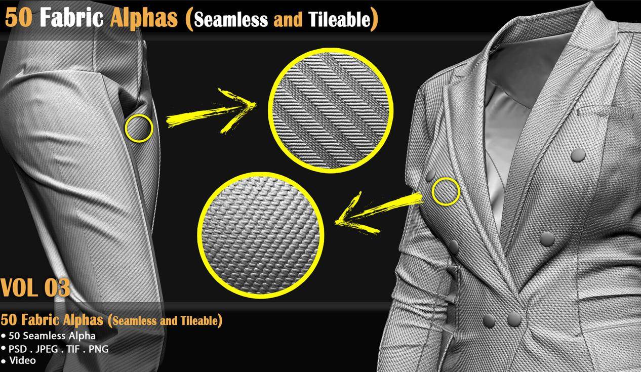 zbrush包含50种布料织物细节贴图&西装粗布料纹理Alpha深度贴图