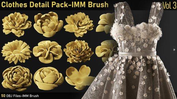 zbrush服装刺绣花纹花朵笔刷&OBJ白模蕾丝礼服婚纱装饰