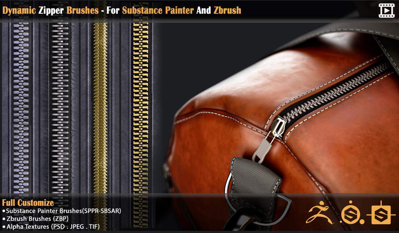 zbrush拉链锁链雕刻笔刷&衣服裤子鞋子皮包缝合sp材质球