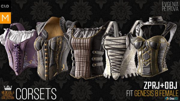 5套中世纪紧身内衣OBJ格式白模amp游戏女性角色上衣模型文件