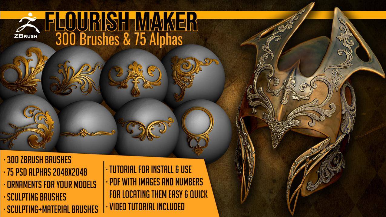 zbrush头盔装甲墙壁木门雕花雕刻装饰笔刷&PSD深度alpha