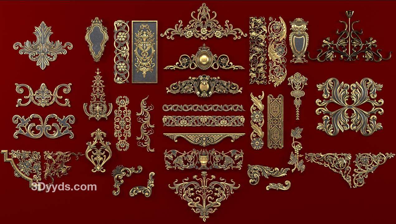 C4D欧式装修室内设计雕花图案图形amp3D模型设计素材OBJ白模家具