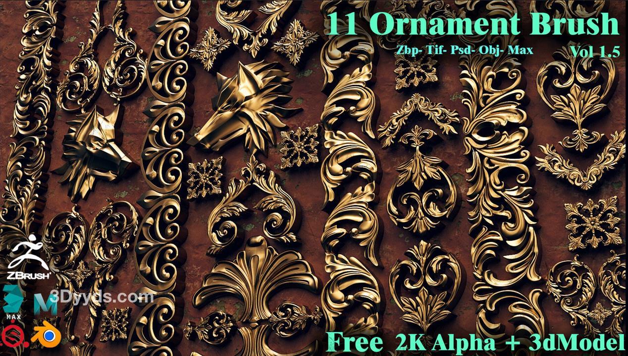 zbrush60金属装饰雕花笔刷&狐狸头花纹雕刻alpha笔刷MAX装饰