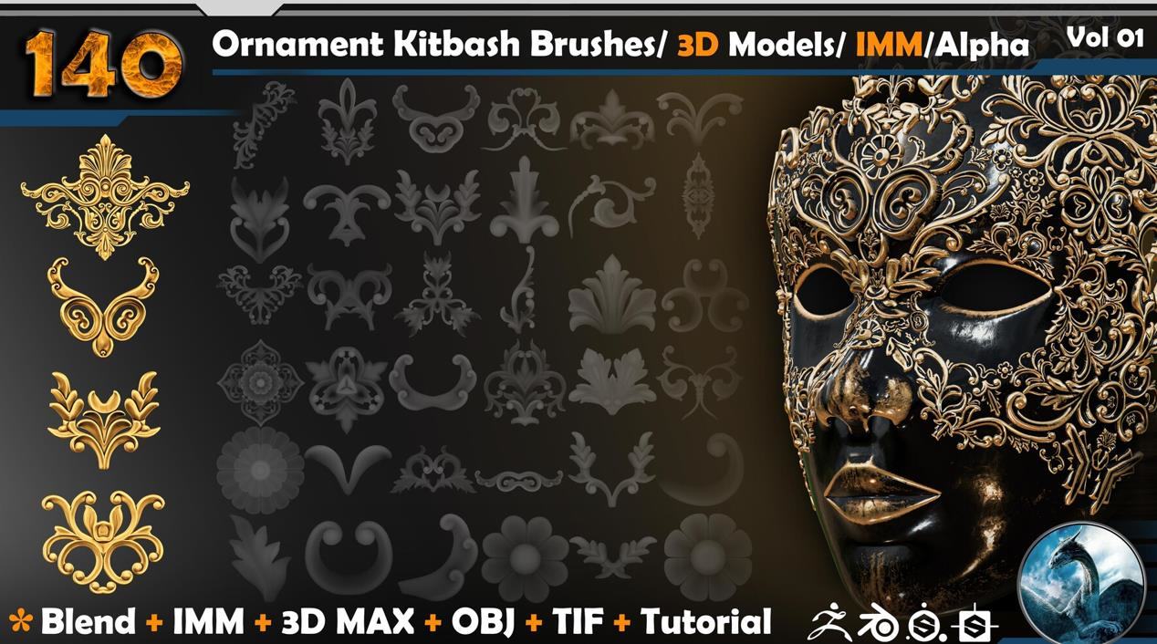 zbrush67装饰花纹花朵线条勾勒笔刷&欧式模型