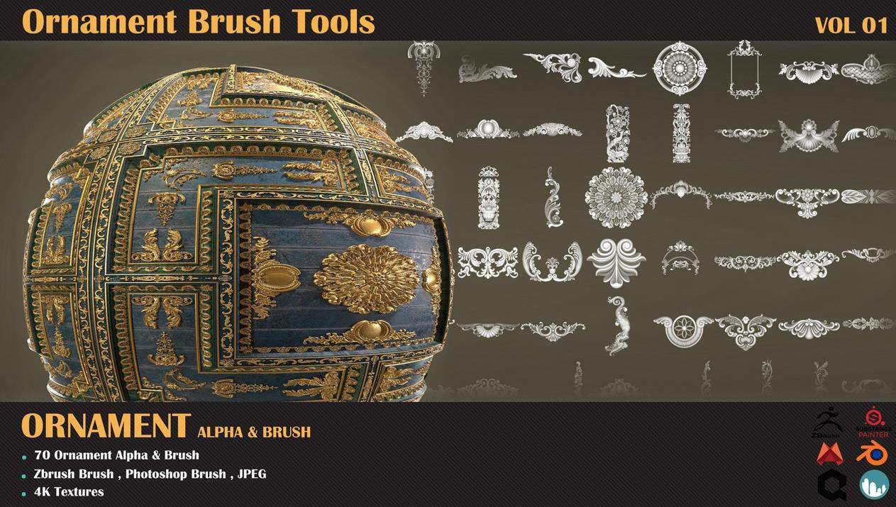 zbrush77三维欧式雕饰花纹装饰笔刷&雕花门窗修饰雕刻