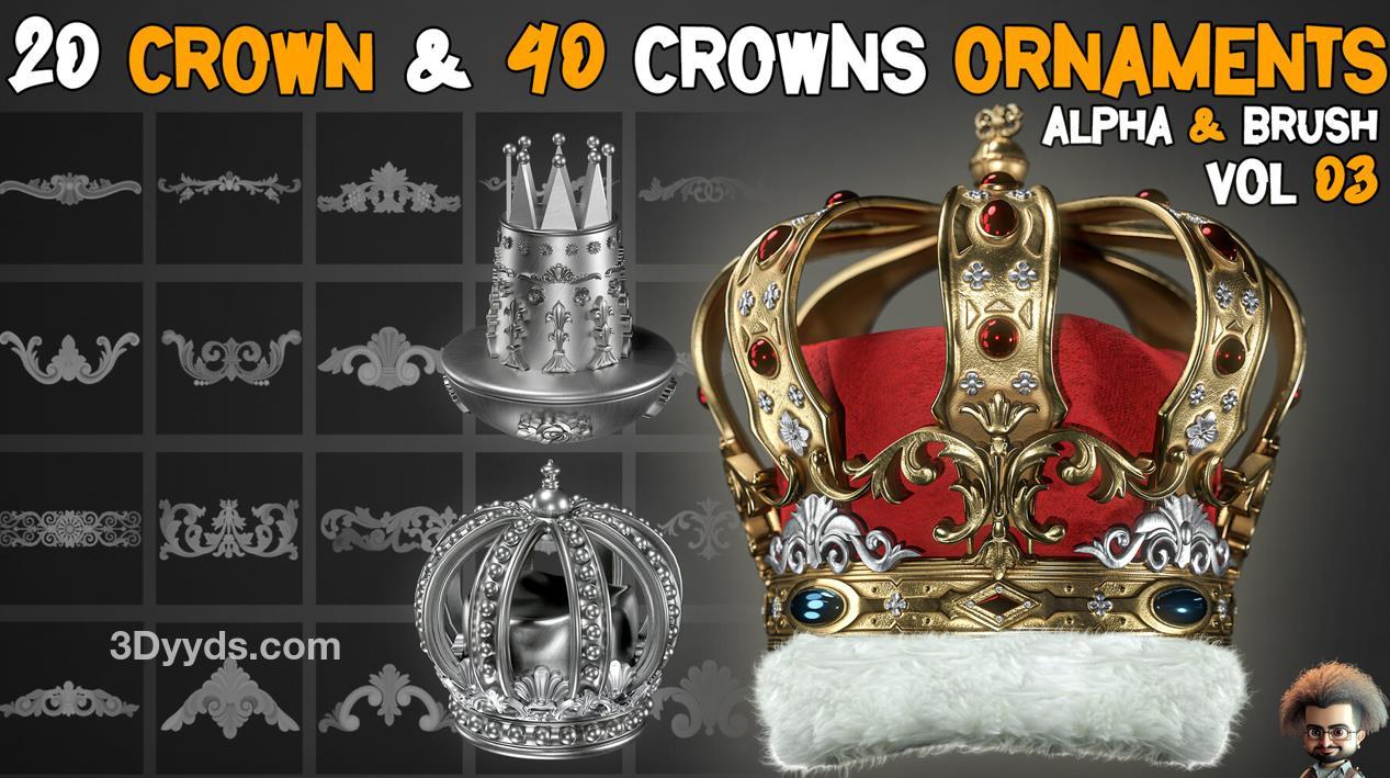 zbrush80皇冠头饰装饰花纹雕刻笔刷&Max源文件金属珠宝