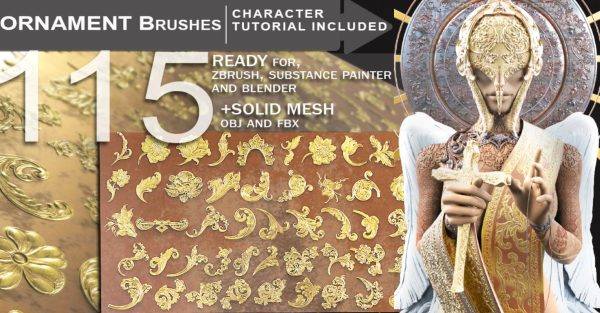 zbrush82装饰雕花花纹刺绣木雕笔刷&模型FBX雕刻图案