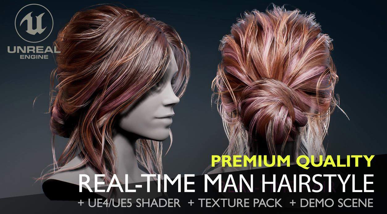 UE4实时毛发发型发髻高清4k毛发贴图头发PBR笔刷材质工程文件