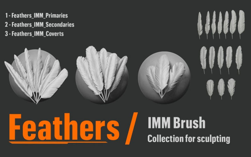 zbrush毛发08禽类鸟类羽毛IMM笔刷&雕刻翅膀ZBP