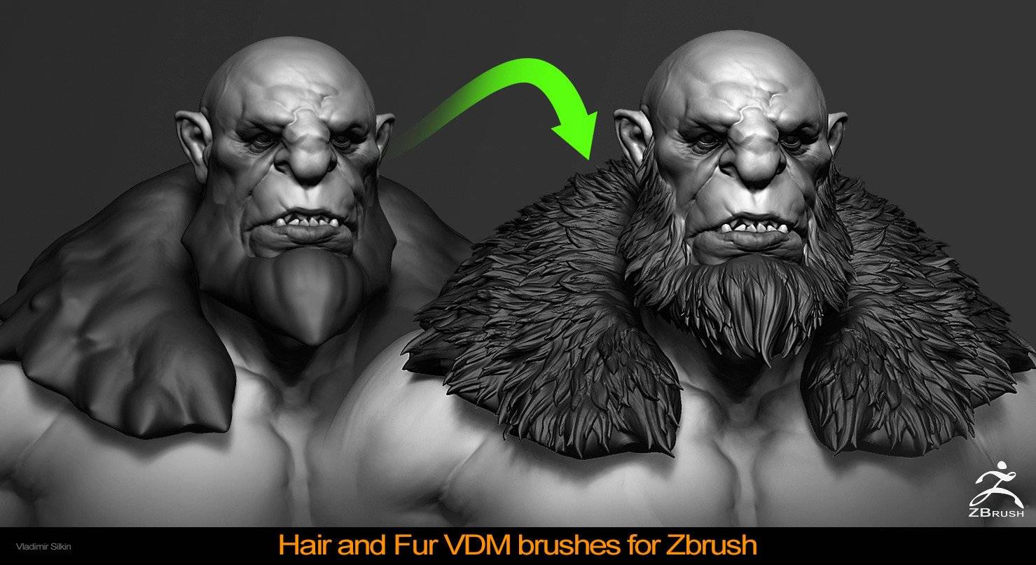 zbrush毛发11野兽怪物生物粗糙毛发毛皮雕刻笔刷&短毛皮毛