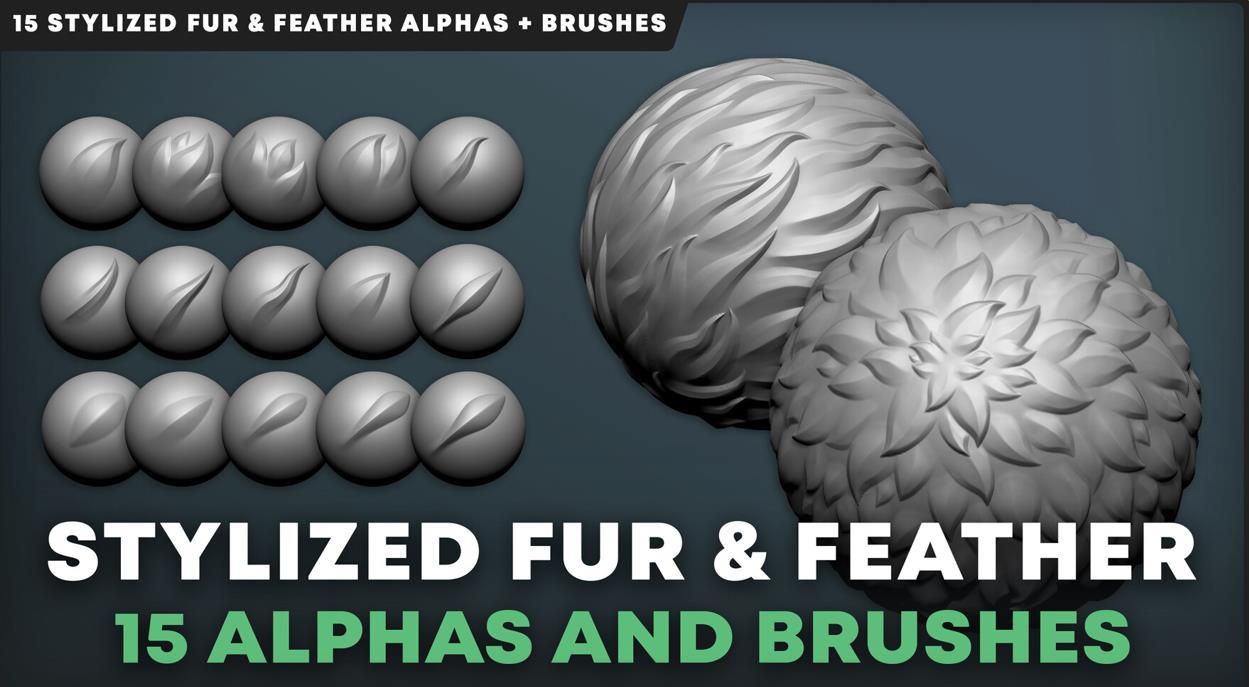 卡通风格皮毛羽毛雕刻笔刷amp猫狗野兽皮肤表面毛发Alpha