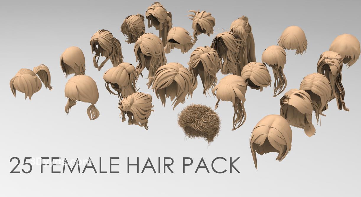 Blender卡通女孩头发毛发模型amp3D头型（FBX格式OBJ源文件C4D建模素材）