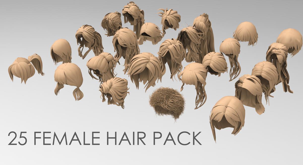 Blender卡通女孩头发毛发模型amp3D头型（FBX格式OBJ源文件C4D建模素材）