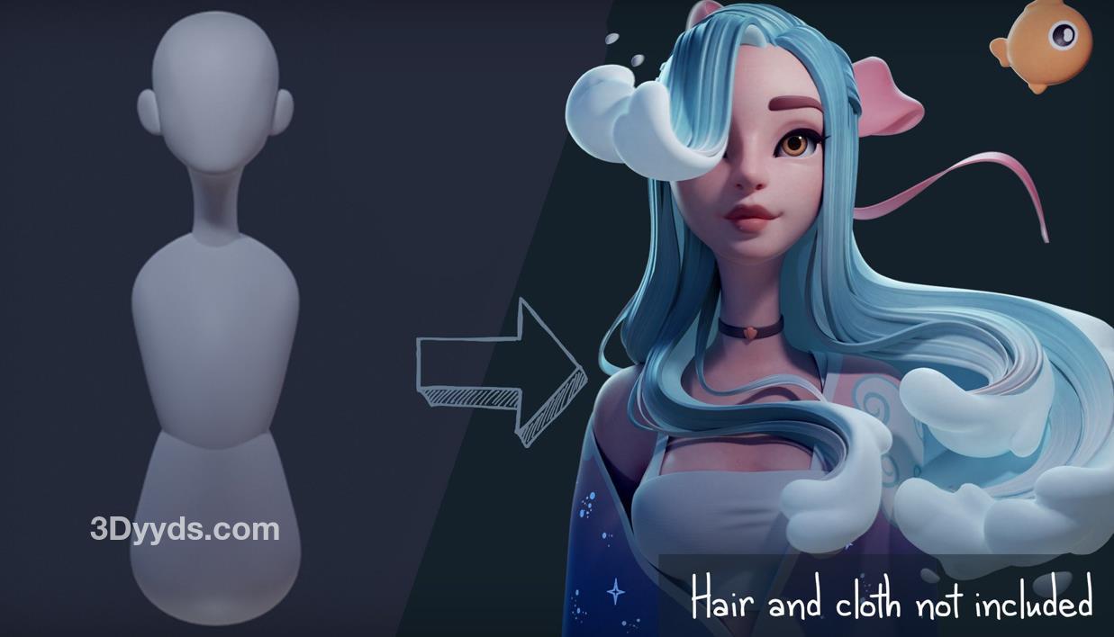 Blender风格化人物模型OBJamp-ZBrush女孩女性角色雕刻基础文件