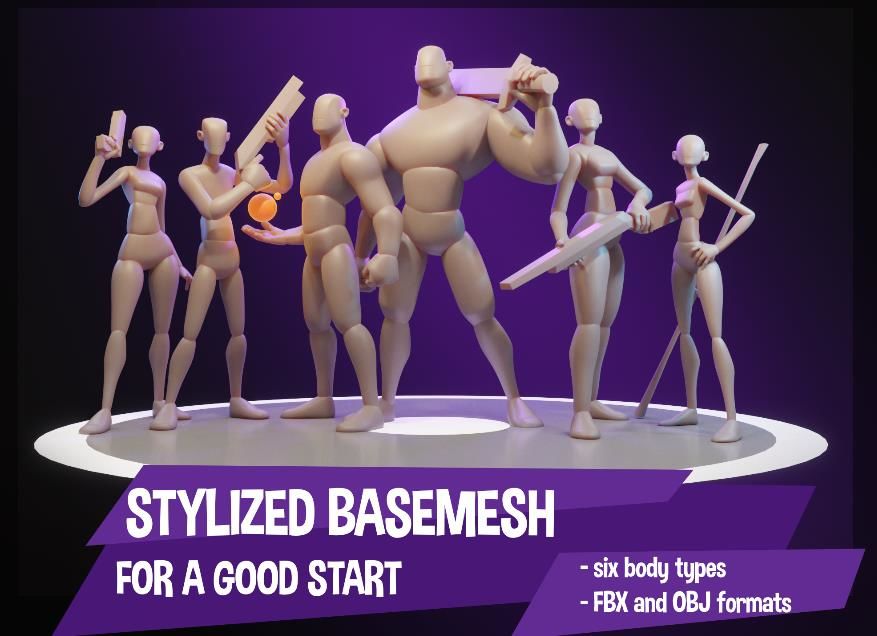 12Blender风格化男女基础模型OBJ白模文件素材maya人物角色动画