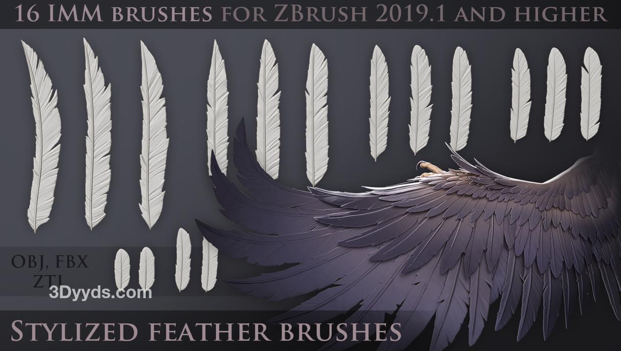 zbrush毛发19风格化羽毛翅膀雕刻ZTL模型笔刷&老鹰飞行羽翼