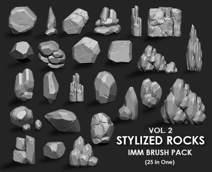 zbrush86卡通风格化岩石地面山脉山石地表模型笔刷