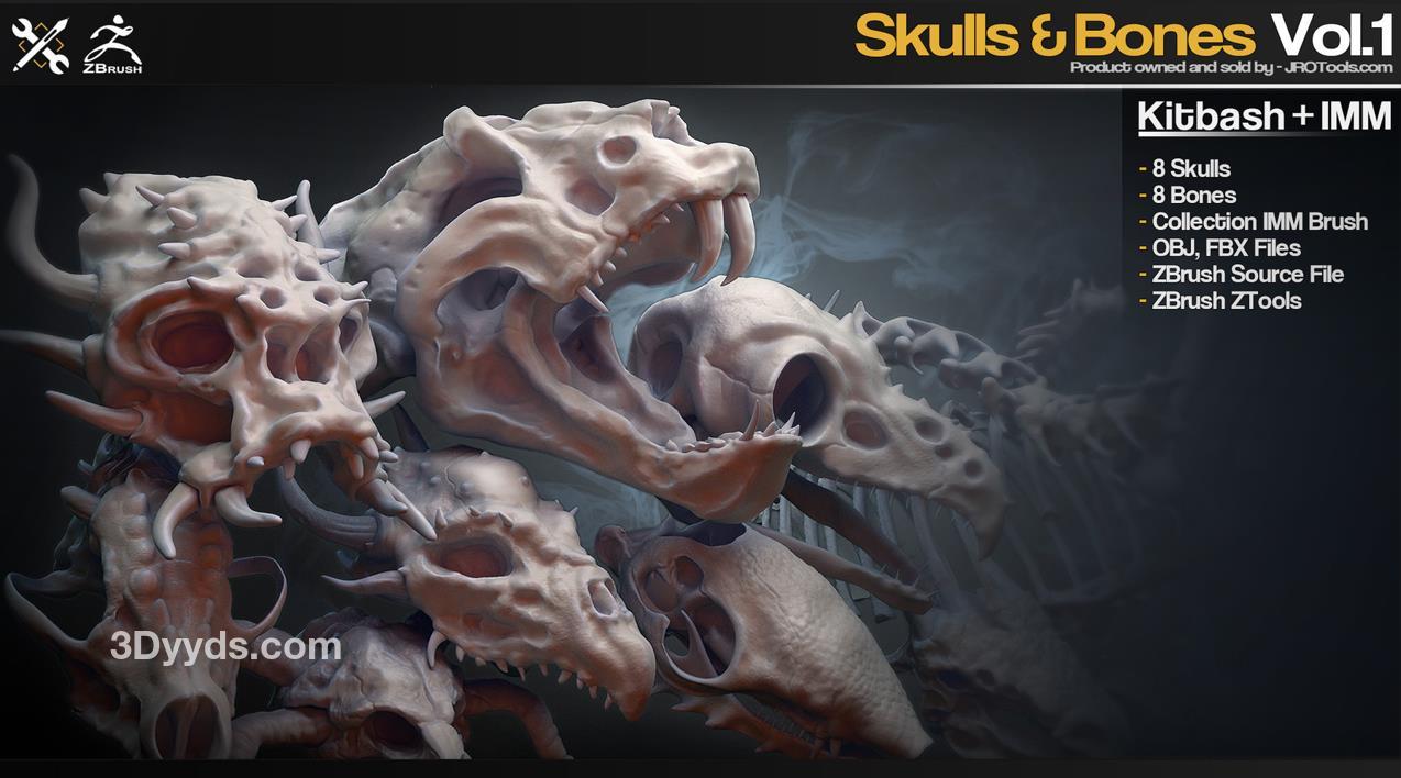 zbrush87卡通风格化头骨骨头骨骼雕刻笔刷&鸟类猎犬头颅胸腔模型