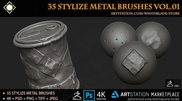 zbrush89风格化金属撞击锤击补丁装饰笔刷zbp&雕刻PSD深度Alpha