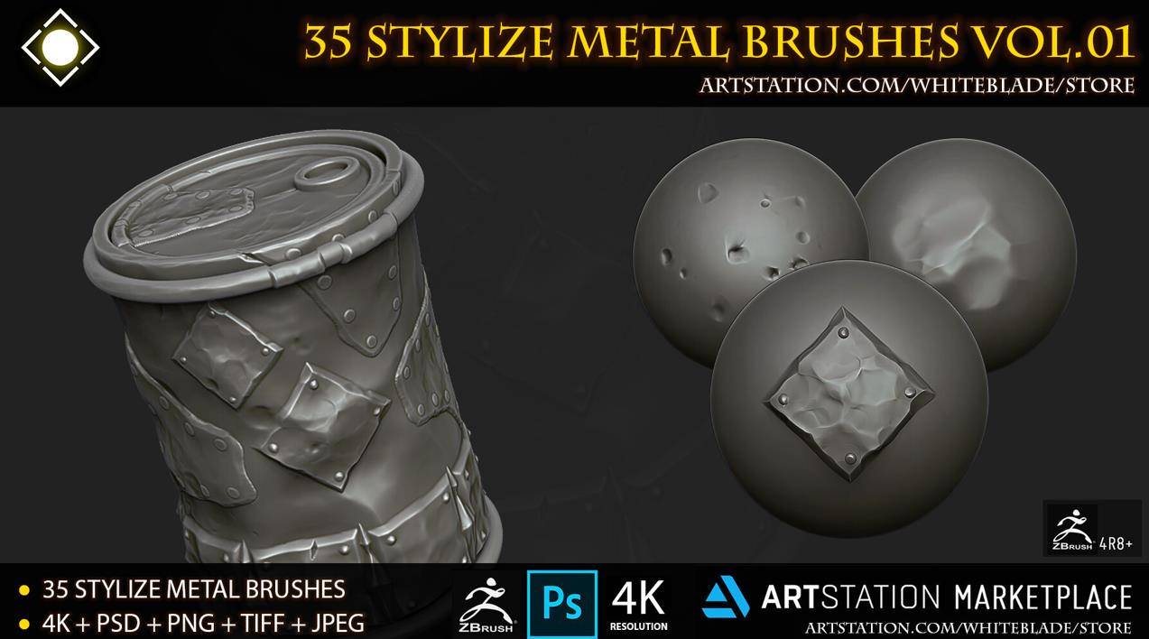 zbrush89风格化金属撞击锤击补丁装饰笔刷zbp&雕刻PSD深度Alpha