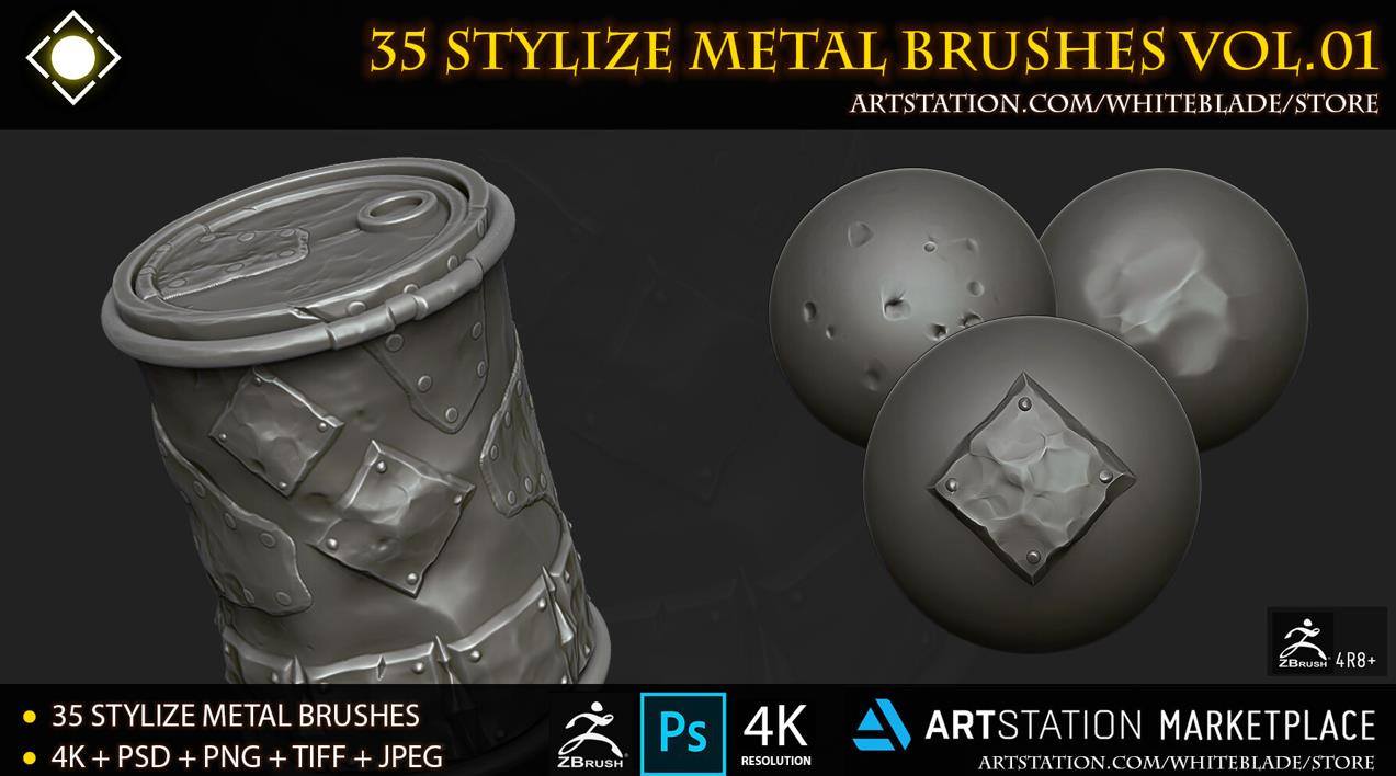 zbrush89风格化金属撞击锤击补丁装饰笔刷zbp&雕刻PSD深度Alpha