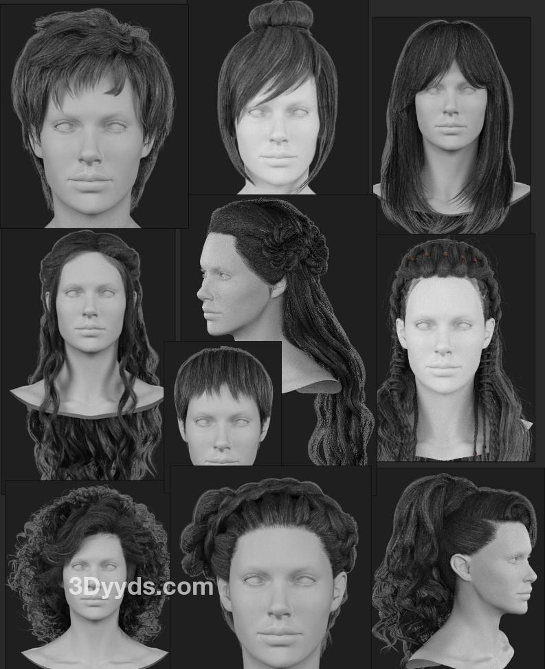 blender男孩头发辫子模型max短发寸头丸子头蓬蓬头毛发