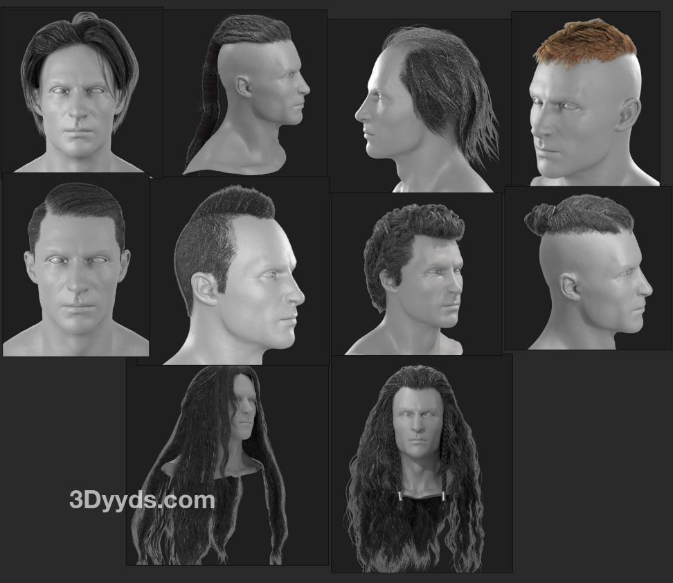 blender男人辫子卷发头发片毛发模型