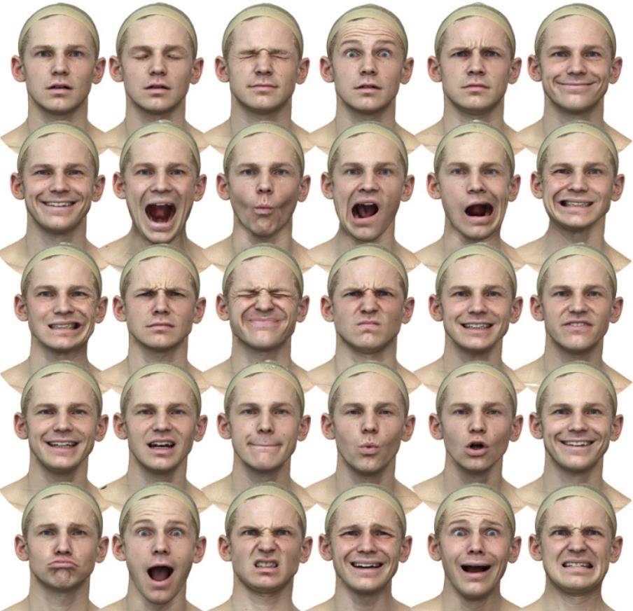 30种欧洲男性人脸表情扫描模型OBJ格式喜怒哀乐张嘴嘲笑表情模型