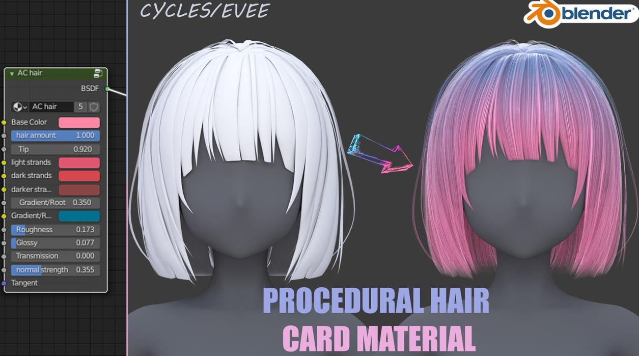 Blender毛发01头发着色器卡通动漫女孩子头发丝发型3d模型素材