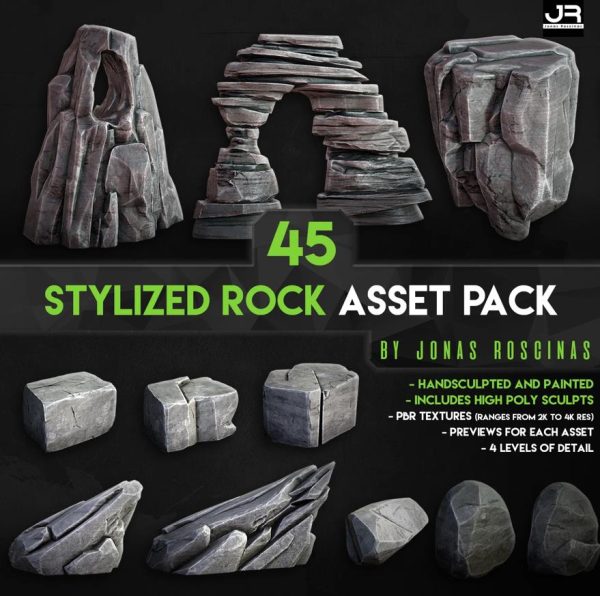 45组次世代游戏大小石头景观岩石扁平斜散落的石块怪石3D模型OBJ