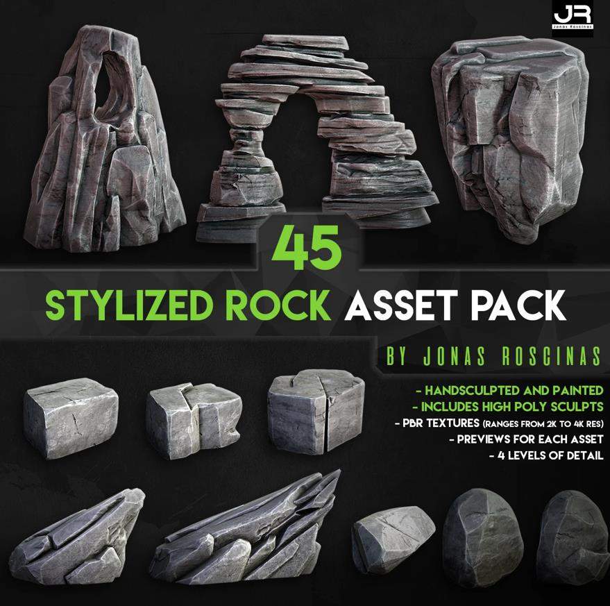 45组次世代游戏大小石头景观岩石扁平斜散落的石块怪石3D模型OBJ