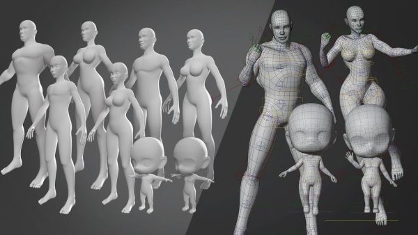 男女壮汉战士小孩基础人体模型amp角色雕刻obj格式C4D女模特