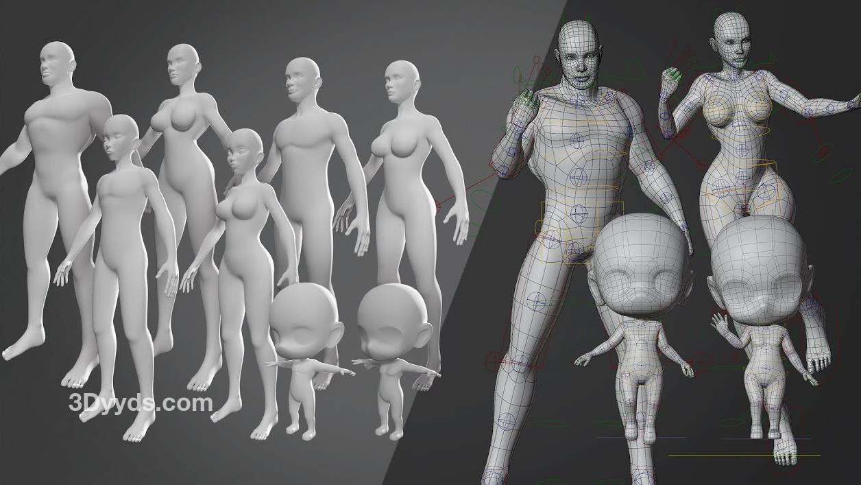 男女壮汉战士小孩基础人体模型amp角色雕刻obj格式C4D女模特