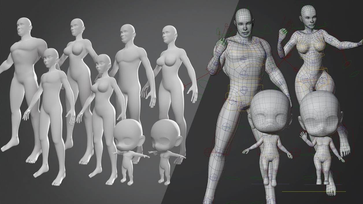 男女壮汉战士小孩基础人体模型amp角色雕刻obj格式C4D女模特