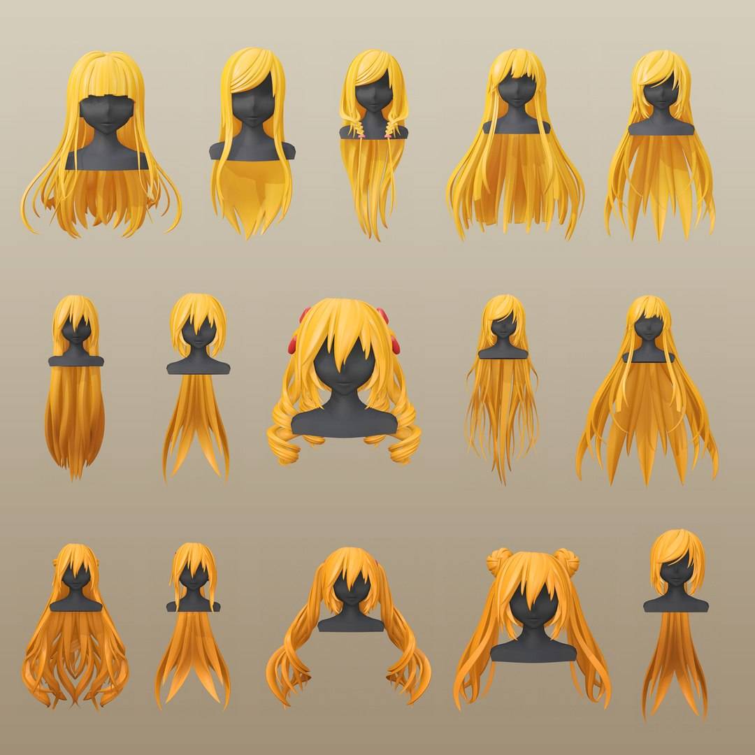 Blender毛发02卡通头发辫子双马尾模型MAX女孩短发FBX
