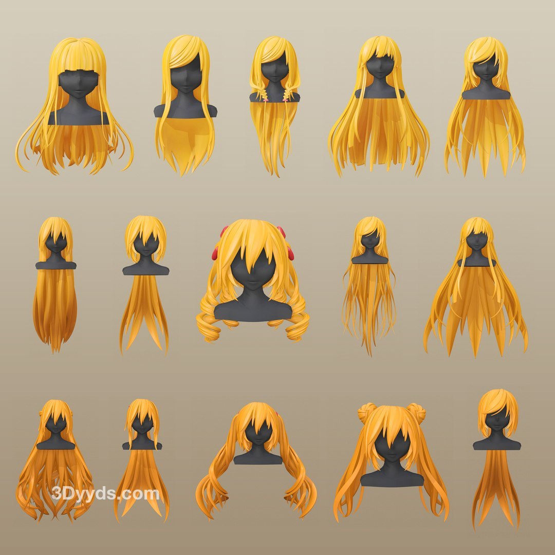 Blender毛发02卡通头发辫子双马尾模型MAX女孩短发FBX