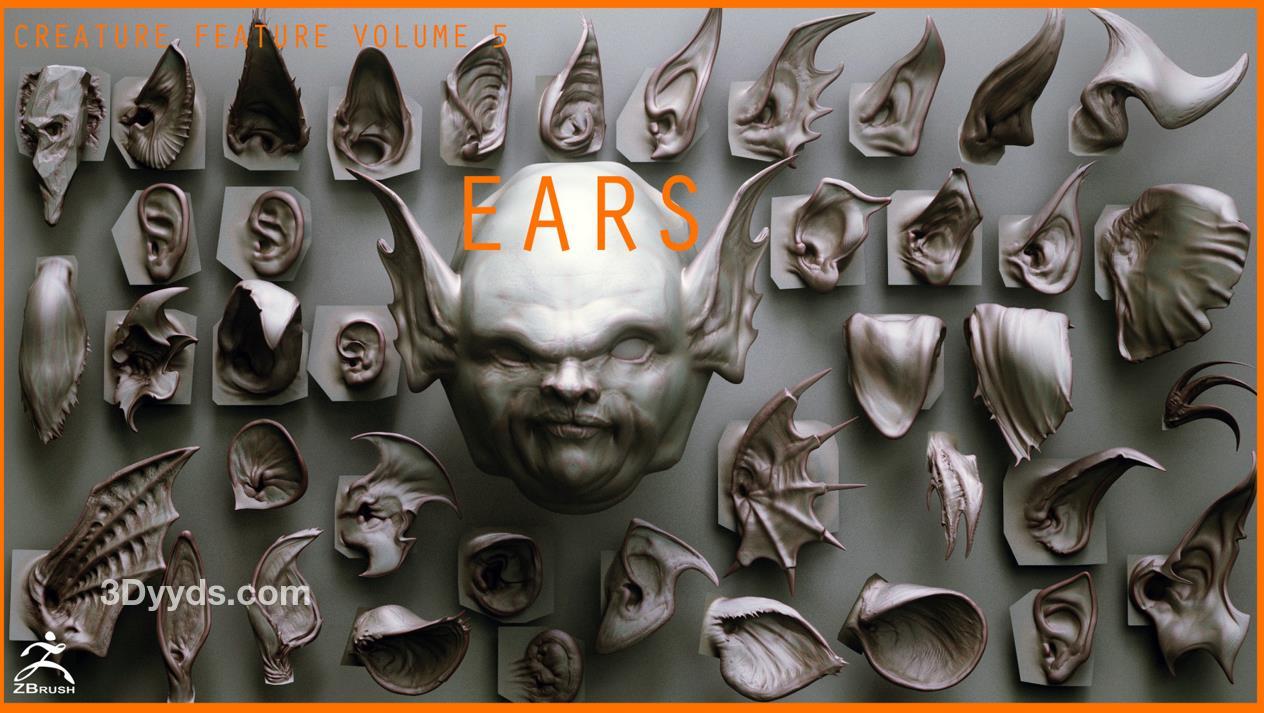 zbrush91怪物生物耳朵笔刷&头部雕刻模型