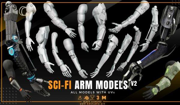 Blender科幻机械手臂3D白模amp未来工业机器人肢体模型