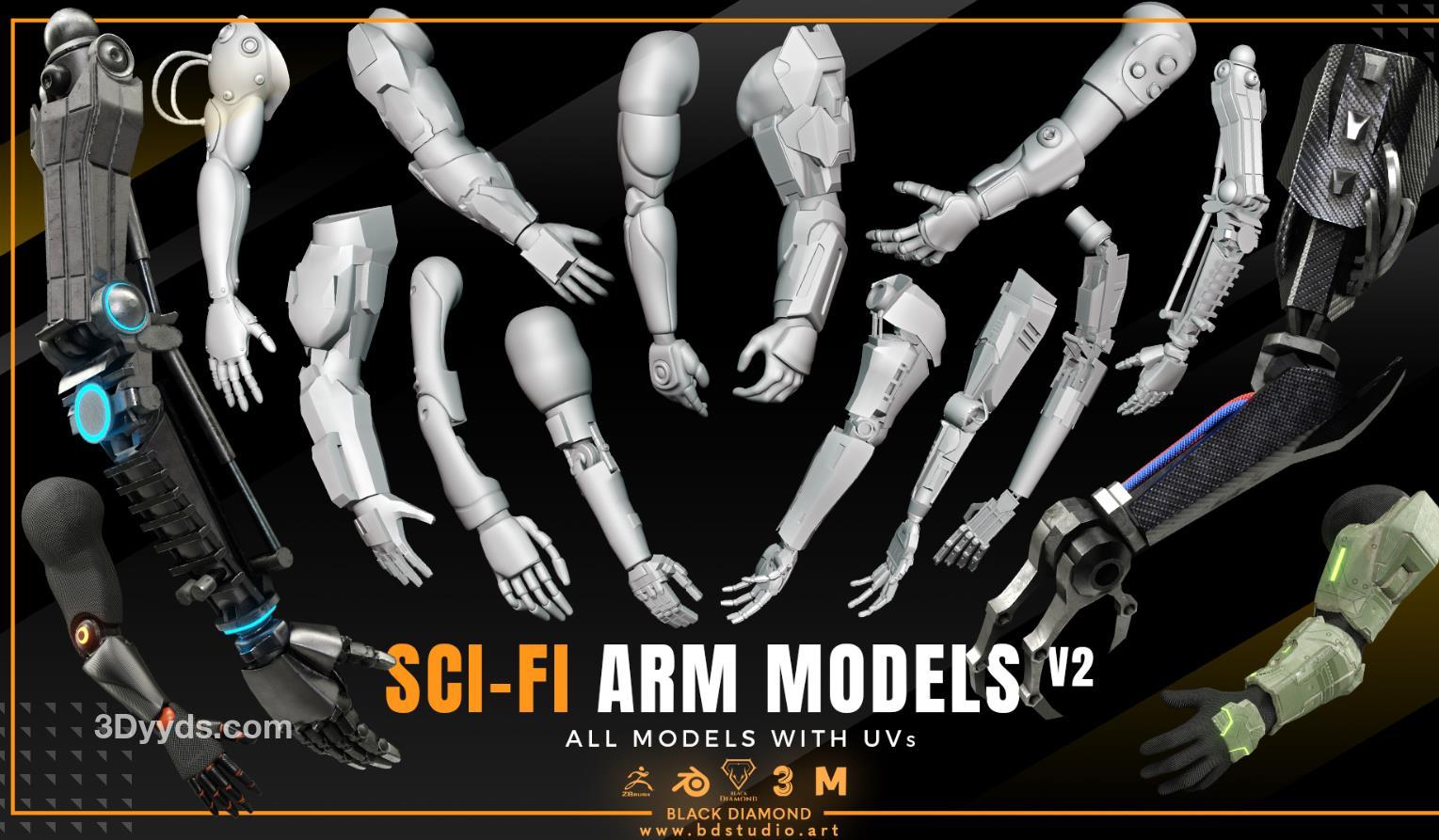 Blender科幻机械手臂3D白模amp未来工业机器人肢体模型