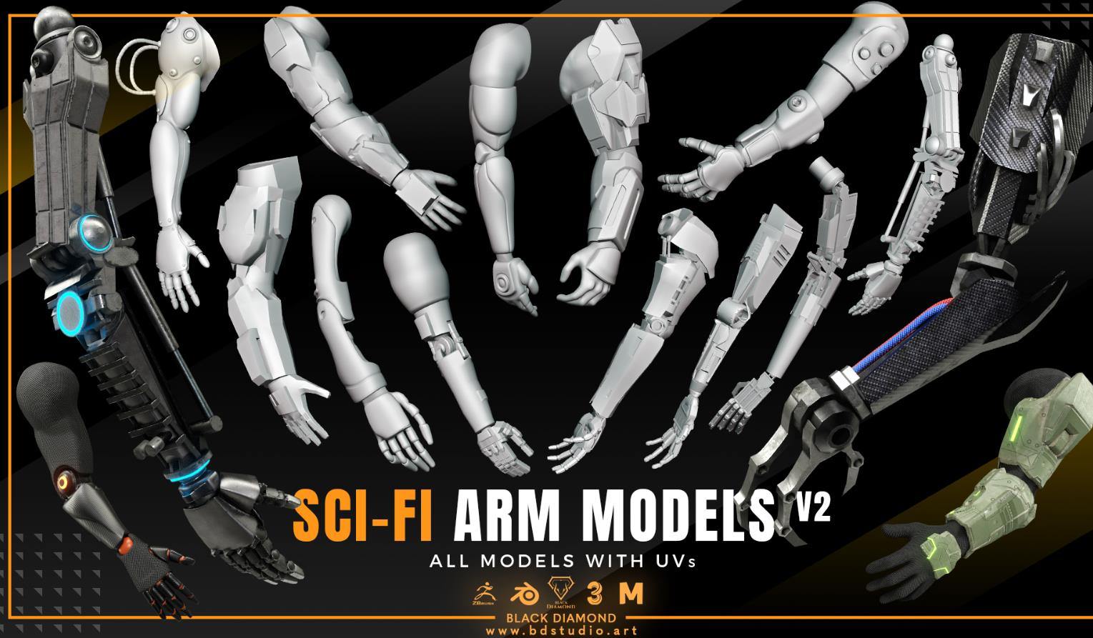 Blender科幻机械手臂3D白模amp未来工业机器人肢体模型