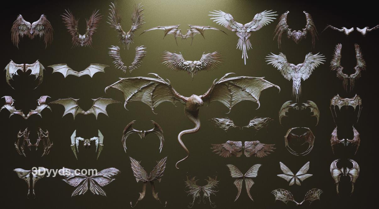 zbrush毛发22蝙蝠飞龙鸟类昆虫翅膀笔刷模型&怪物羽毛