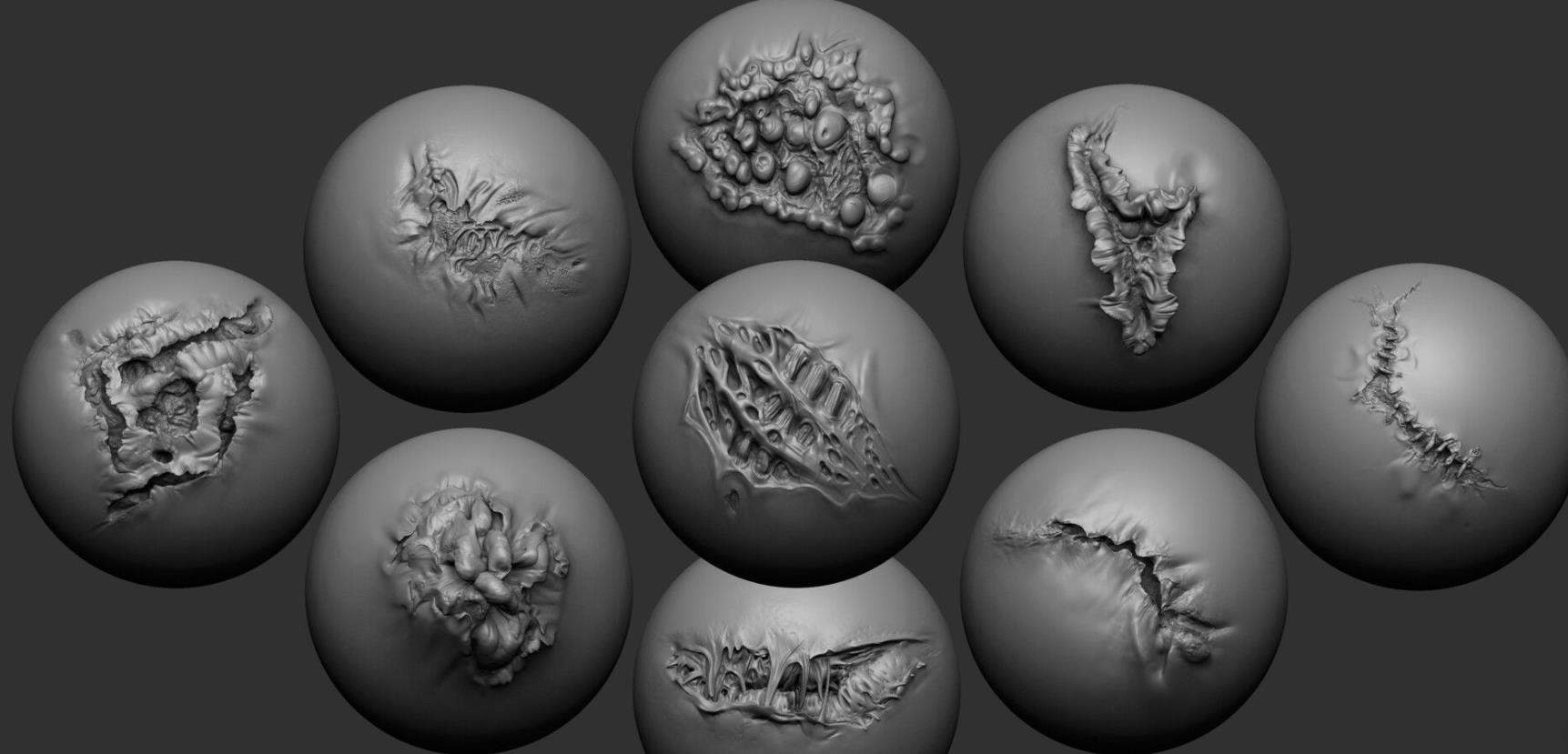 zbrush109皮肤伤疤雕刻笔刷&腐败丧尸僵尸人物怪物皮肤