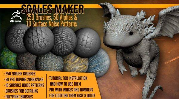 zbrush117爬行动物蛇鳞片鱼鳞恐龙鳞蜥蜥蜴皮肤笔刷&龙鳞