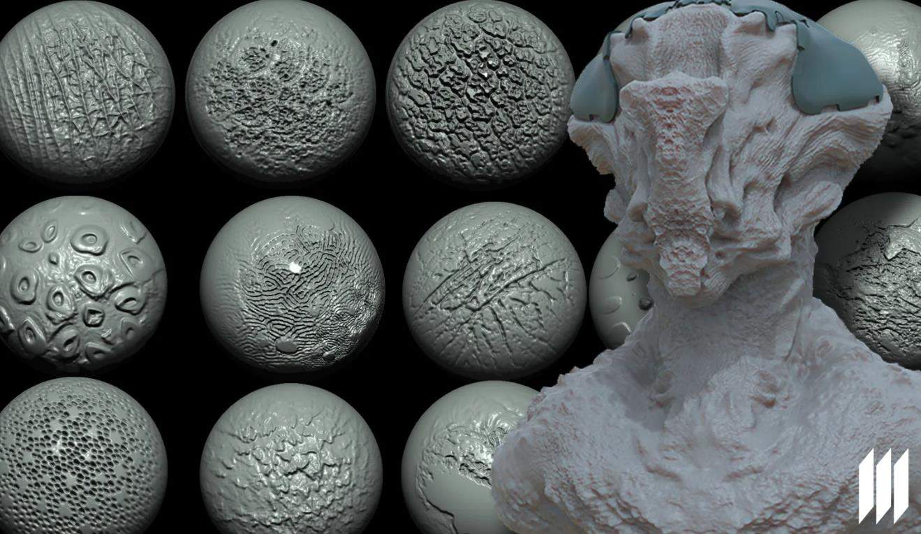 通用贴图12zbrush外星生物怪物粗糙皮肤雕刻Alpha笔刷&高度图PSD